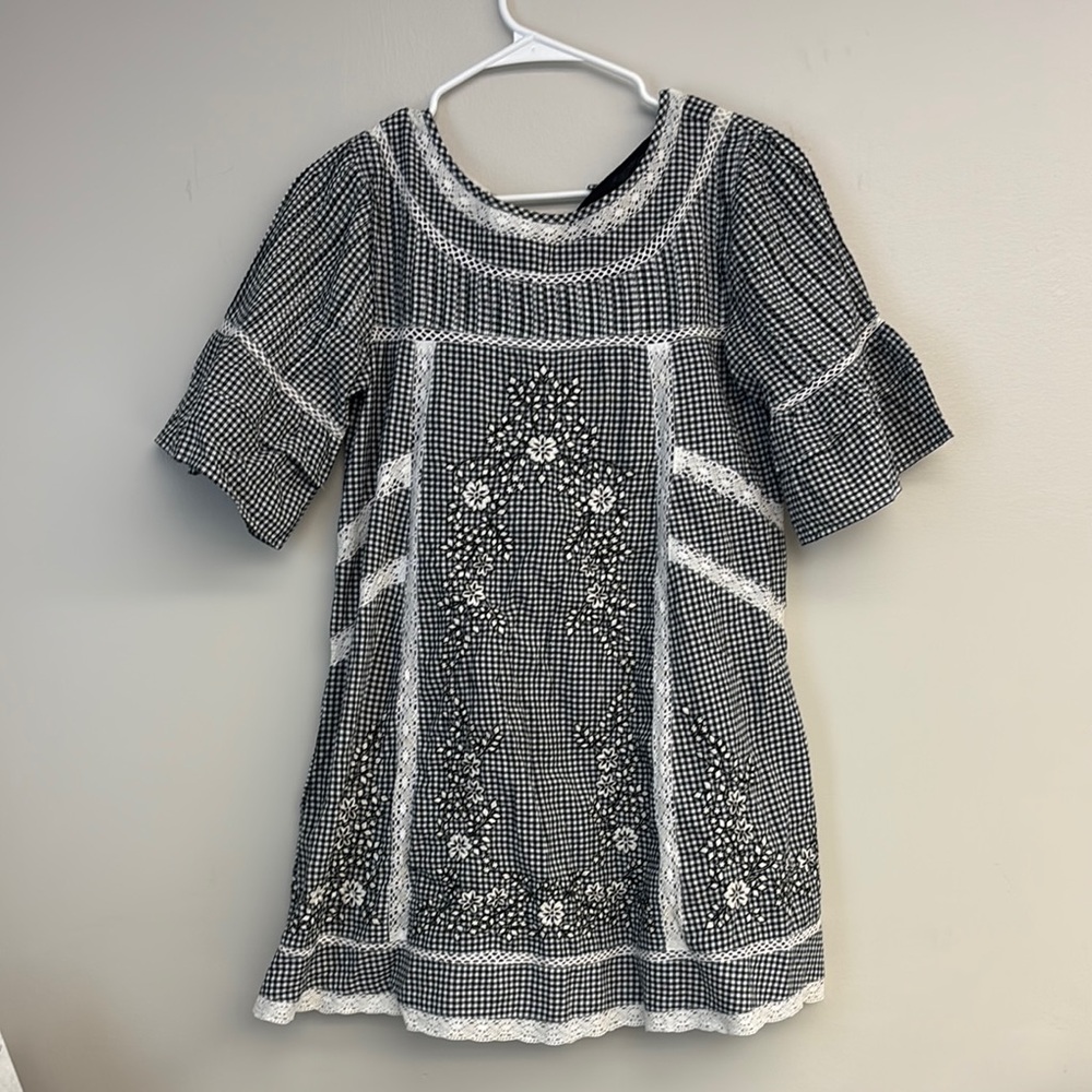 Free People Gray and White Puff Sleeve Casual Dress